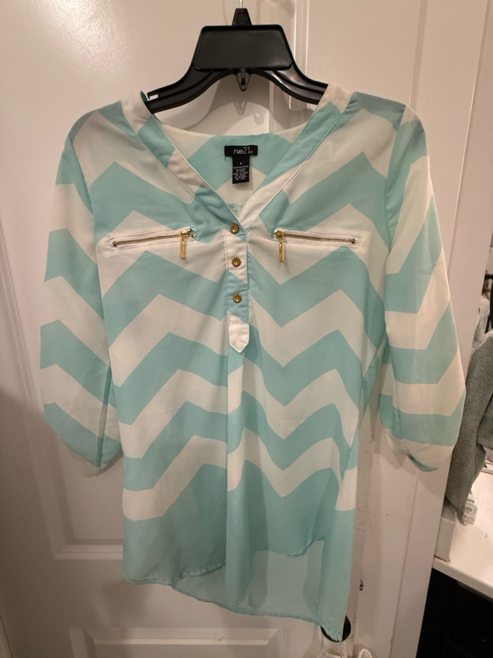 Rue21 Mint and White Chevron Blouse with Gold Zippers